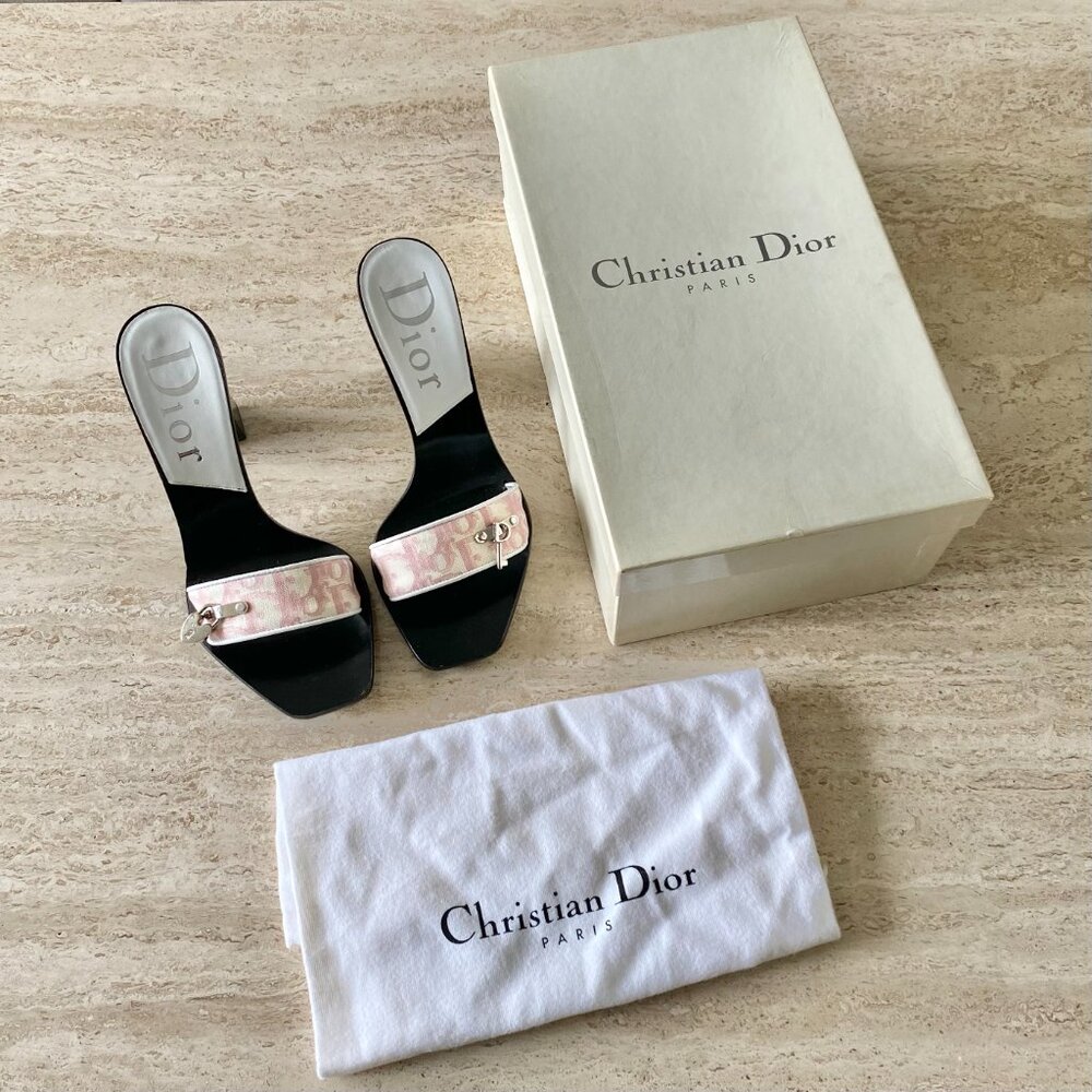 Vintage Dior Trotter Canvas Heart Lock Key Mule Sandals - Picture 2 of 10